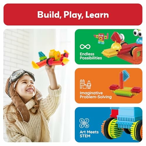 Child playing with colorful construction toy set promoting creativity and STEM learning.