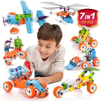 Child playing with 7-in-1 educational building toy set featuring various vehicle models.