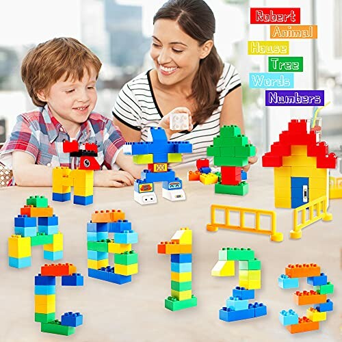 Children playing with colorful toy blocks, building numbers and structures.