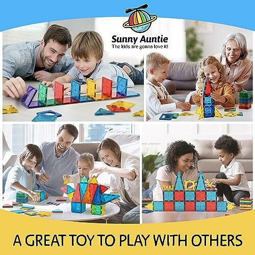 Children and adults playing with colorful building toys.