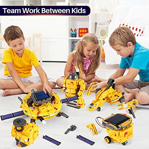 Three children assembling solar-powered robotic toys indoors.