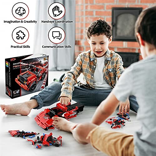 Two children assembling a red toy race car on the floor, enhancing creativity and skills.