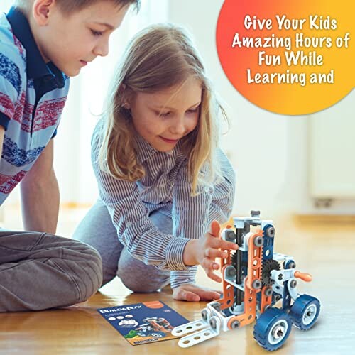 Children playing with a toy robot on a wooden floor.