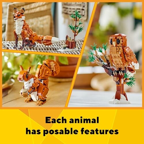 LEGO animal figures including a fox, squirrel, and owl with posable features.