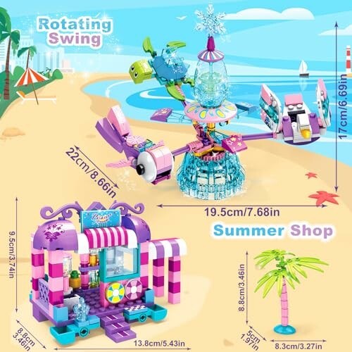 Lego beach playset with rotating swing and summer shop.