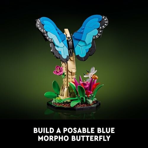 LEGO model of a blue morpho butterfly with flowers and greenery.