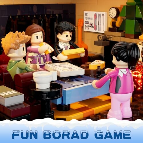 Lego figures playing a board game indoors.