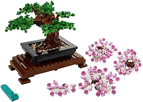 LEGO bonsai tree set showcasing green and pink pieces.