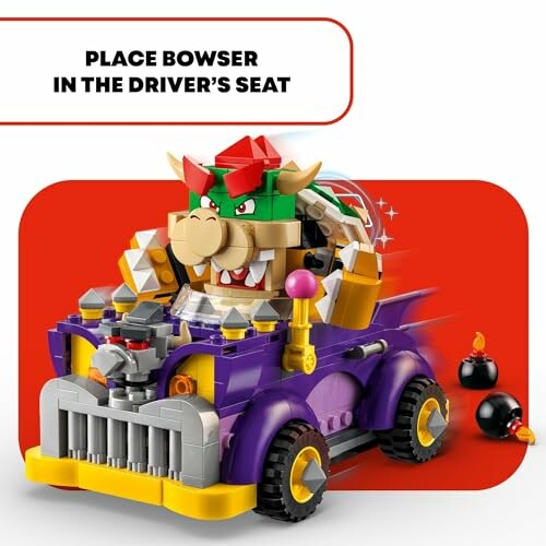 LEGO Bowser in a purple car model with bombs nearby.