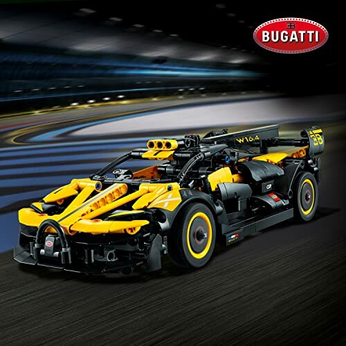 Lego model of a Bugatti race car on a track