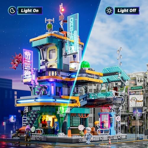 Colorful LEGO building with light on and off comparison