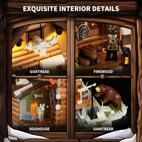 LEGO cabin interior details with goat head, firewood, doghouse, and giant bear.