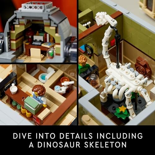 LEGO set with detailed dinosaur skeleton and interior scenes.