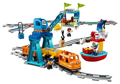 LEGO Duplo train set with tracks, crane, boat, and figures.