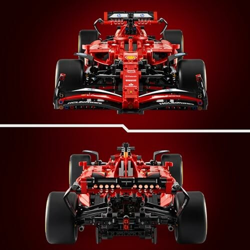 Front and back view of a red LEGO Formula 1 car model.