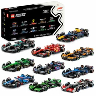 LEGO Formula 1 car set with multiple colorful models.