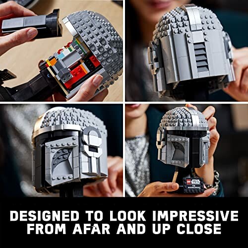 Four images showing the assembly of a LEGO helmet.