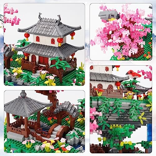 Lego Japanese garden with pagoda, cherry blossoms, and bridge.