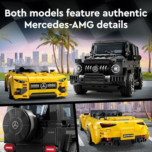 LEGO models of Mercedes-AMG cars with city skyline and palm trees.