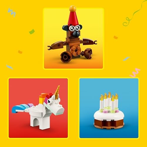 LEGO models of a monkey with a party hat, a unicorn, and a cake with candles on a colorful background.