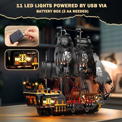 Lego pirate ship model with LED lights and battery box.