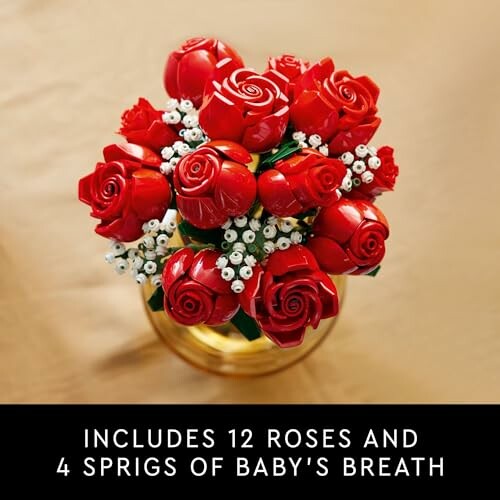 LEGO bouquet with 12 red roses and 4 sprigs of baby’s breath on a gold background.