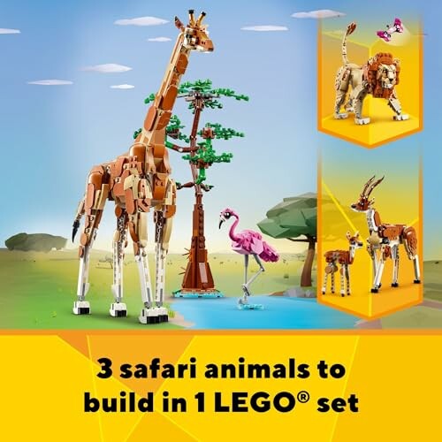 LEGO set with giraffe, flamingo, and other safari animals.