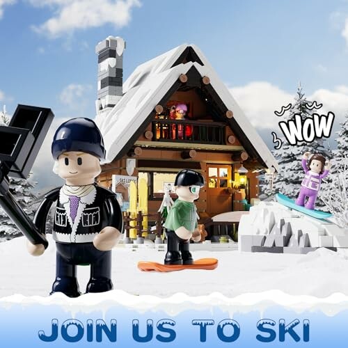 Lego figures skiing at a snowy cabin resort.