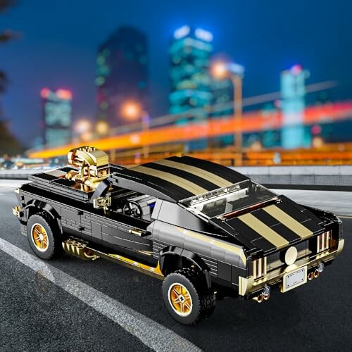 Lego sports car with a cityscape background