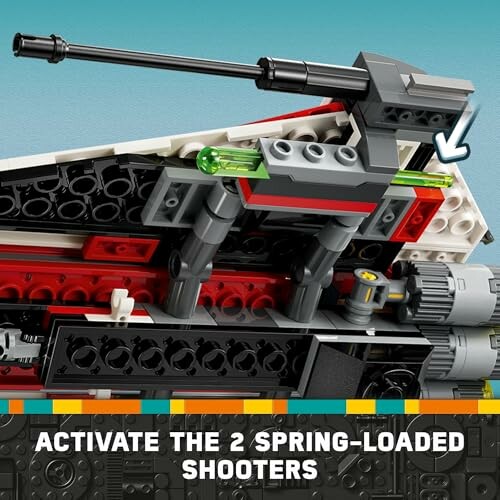 Close-up of a LEGO model with spring-loaded shooters.