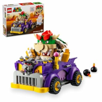 LEGO Super Mario Bowser in purple car with box.