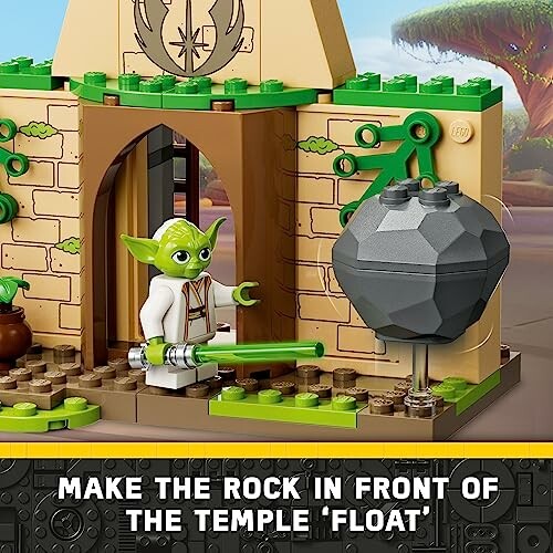 LEGO set with Yoda figure and floating rock.