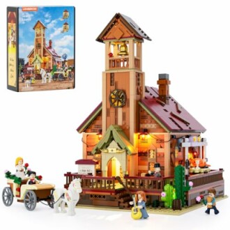 LEGO building set with town square, clock tower, and horse carriage.