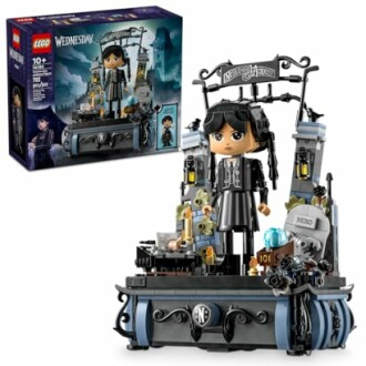 LEGO set depicting a Wednesday Addams figure with themed accessories.