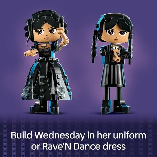 Two Lego figurines of Wednesday Addams with different outfits.