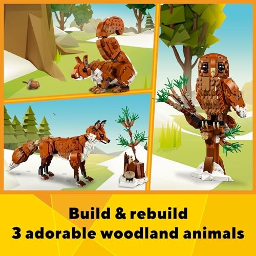 LEGO models of woodland animals: owl, fox, and squirrel.