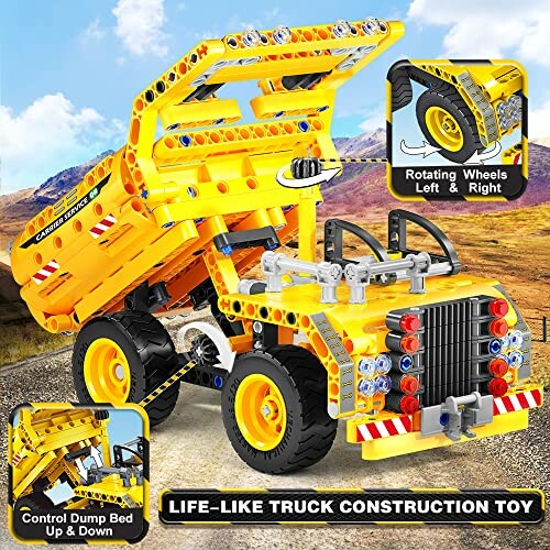 Yellow toy construction truck with rotating wheels and adjustable dump bed.