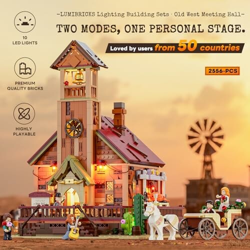 Lumibricks Old West Meeting Hall building set with LED lights and figures.
