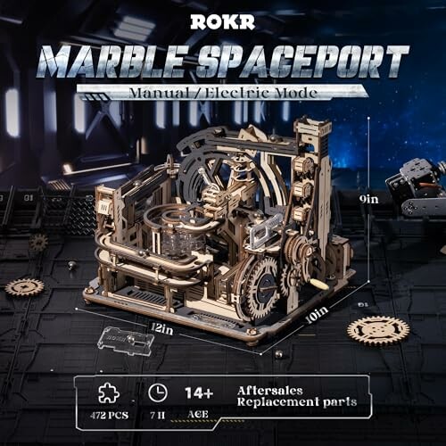 ROKR Marble Spaceport mechanical puzzle with dimensions and features.