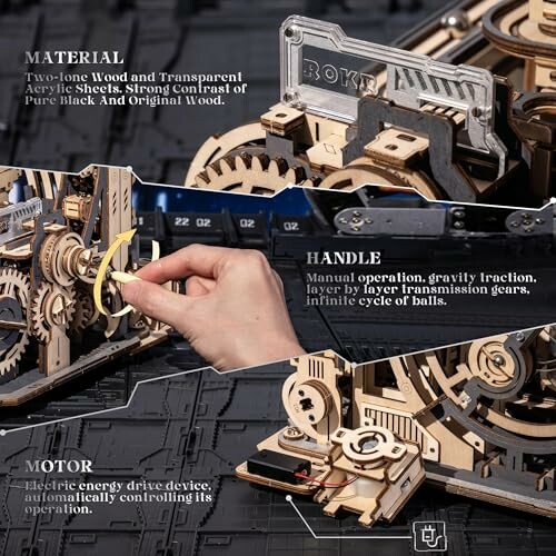 Detailed view of a mechanical gear model with descriptive labels for material, handle, and motor.