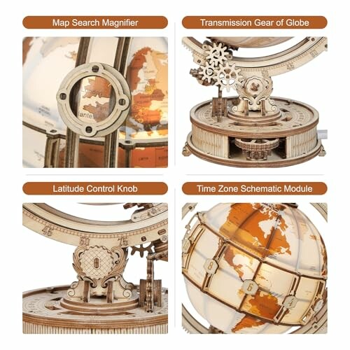 Detailed image showing parts of a mechanical globe puzzle, including map search magnifier, transmission gear, latitude control knob, and time zone schematic module.