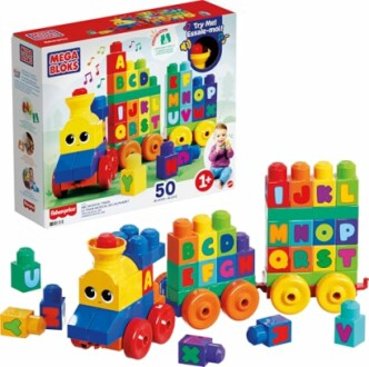 Mega Bloks alphabet train toy with colorful blocks and packaging.