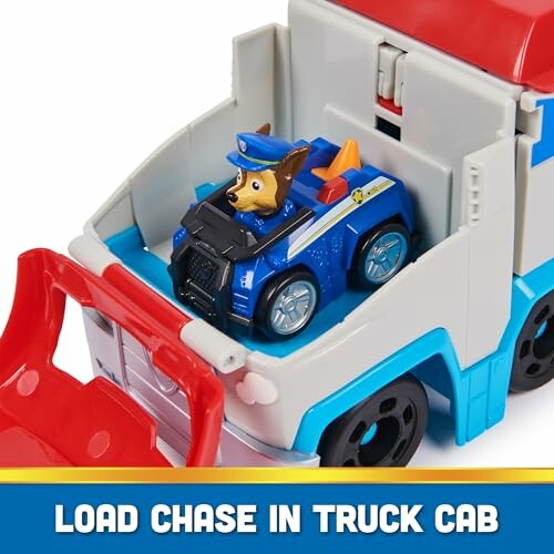 Paw Patrol Chase toy loaded in a truck cab.