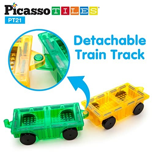 Picasso Tiles detachable train track with green and yellow pieces.