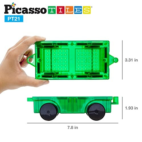 Green Picasso Tiles toy wagon with dimensions shown.