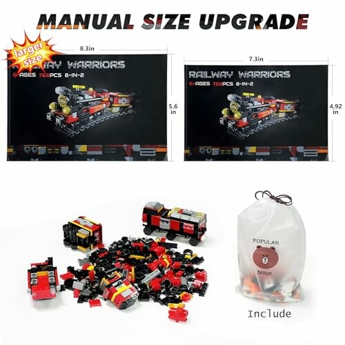 Railway Warriors toy set with larger size upgrade, includes toy pieces and bag.