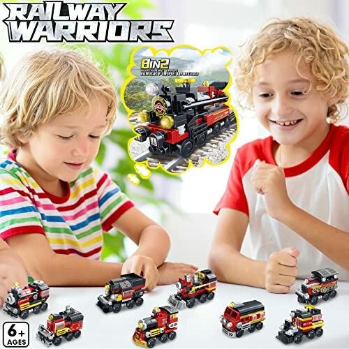 Children playing with Railway Warriors toy train set.