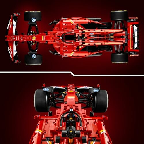 Top view of a red race car model on a red background.