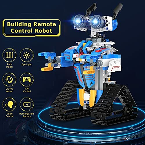 Remote control building robot with features listed.