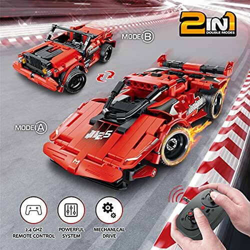 Two remote control race cars with double modes on a track.